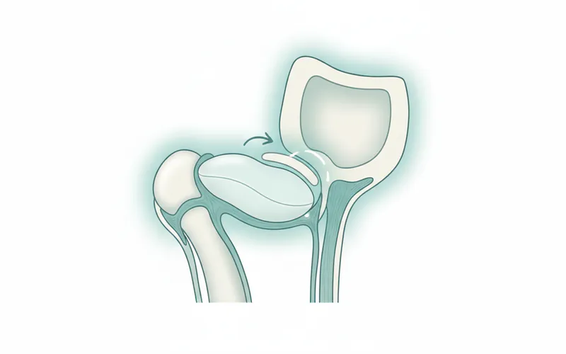 A detailed anatomical diagram showing the TMJ joint with the condyle, temporal bone, and articular disc clearly labeled, highlighting common areas of inflammation or displacement.