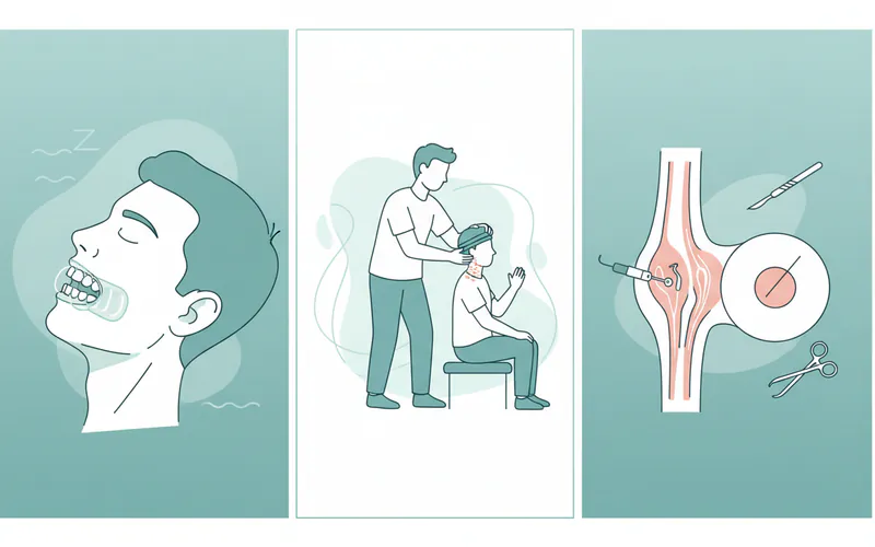 A comparative infographic showing different TMJ treatment approaches: a person wearing a night guard, someone receiving physical therapy with a therapist, and a simplified diagram illustrating arthroscopy vs. open-joint surgery.