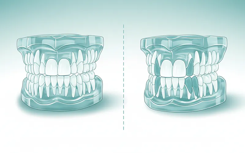 Detailed comparison diagram showing a stabilization splint (flat surface) and an anterior repositioning splint (angled ramps) on a dental model.