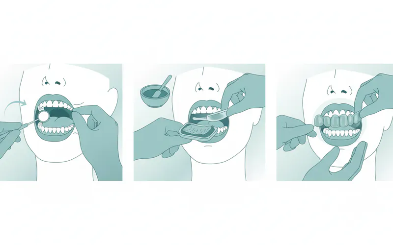 A series of illustrations showing the process: (1) Dentist examining a patient's jaw, (2) Taking dental impressions, (3) Dentist fitting and adjusting a custom TMJ splint in the patient's mouth.