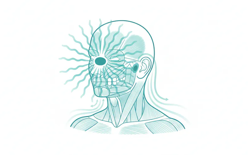 Infographic illustrating different TMJ pain areas on a human head and neck, showing how pain can radiate to temples, ears, neck, and shoulders from the jaw joint.