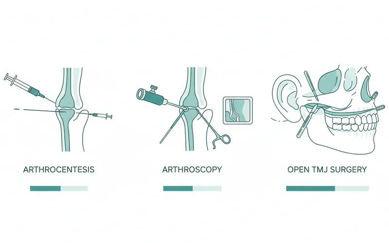 Illustration comparing arthrocentesis, arthroscopy, and open TMJ surgery techniques, showing the different levels of invasiveness and access points.