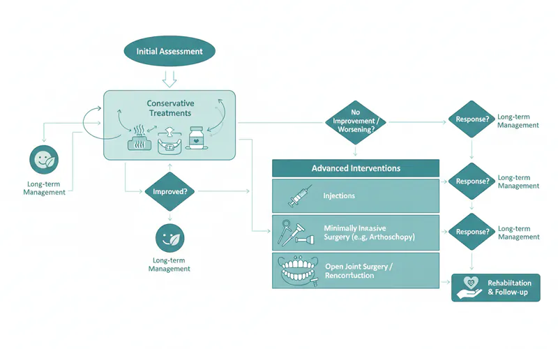 Flowchart illustrating the decision-making process for TMJ treatment, starting from conservative methods and progressing to different types of surgical interventions based on diagnosis and treatment response.
