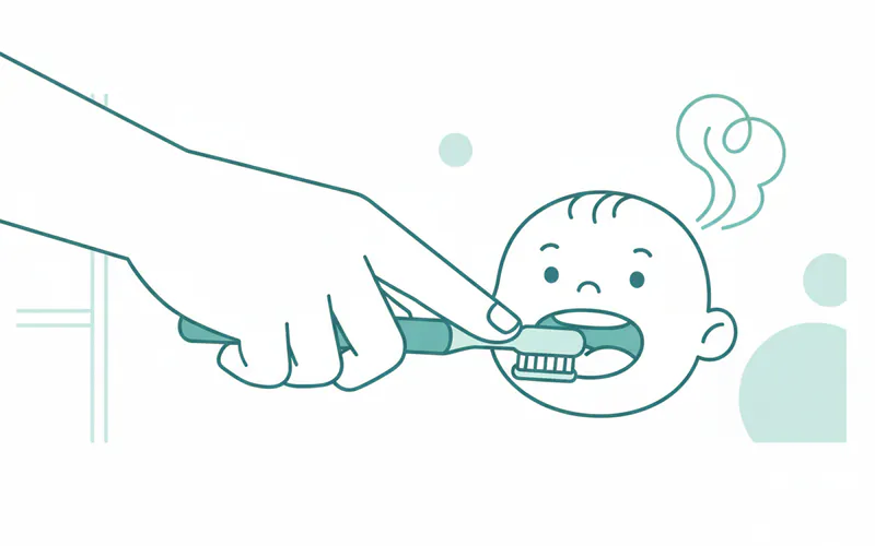 A cartoon illustration of a parent gently brushing a smiling toddler's teeth, with a subtle waft indicating fresh breath.