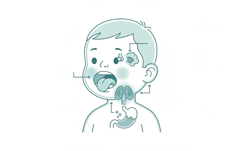 A diagram showing the different areas that can cause bad breath in a toddler: mouth (cavities, tongue), nose (foreign object, sinusitis), throat (tonsillitis), and stomach (reflux).