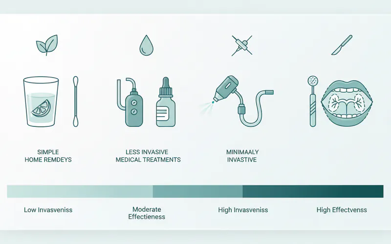 A comparison chart illustrating different treatment options for tonsil stones, from home remedies to surgery, highlighting their invasiveness and effectiveness.