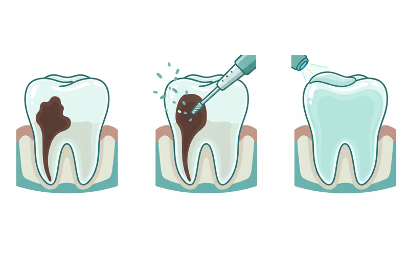 A series of three illustrations showing the step-by-step process of a dental composite filling: 1) Decay shown in a tooth, 2) Decay being removed with a dental drill, 3) Composite material being layered and hardened, restoring the tooth shape.