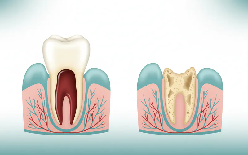 Detailed cross-section illustration of a tooth socket showing a healthy blood clot vs. a dry socket where the bone is exposed