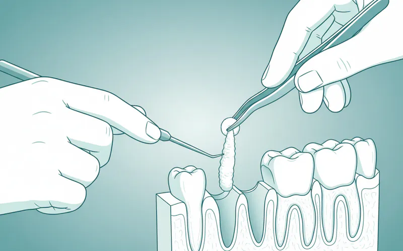 Dentist applying a medicated dressing into an open tooth socket with instruments