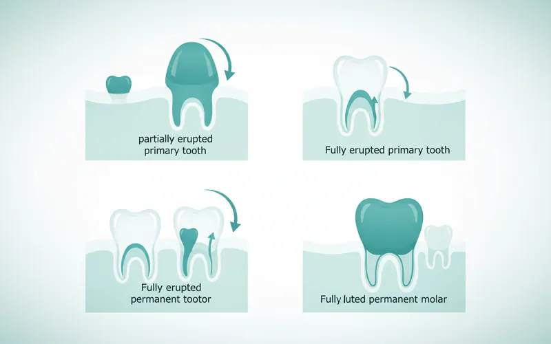 A diagram showing the stages of tooth development within the jawbone, from tooth bud to fully erupted primary and permanent teeth, with arrows indicating the eruption path.