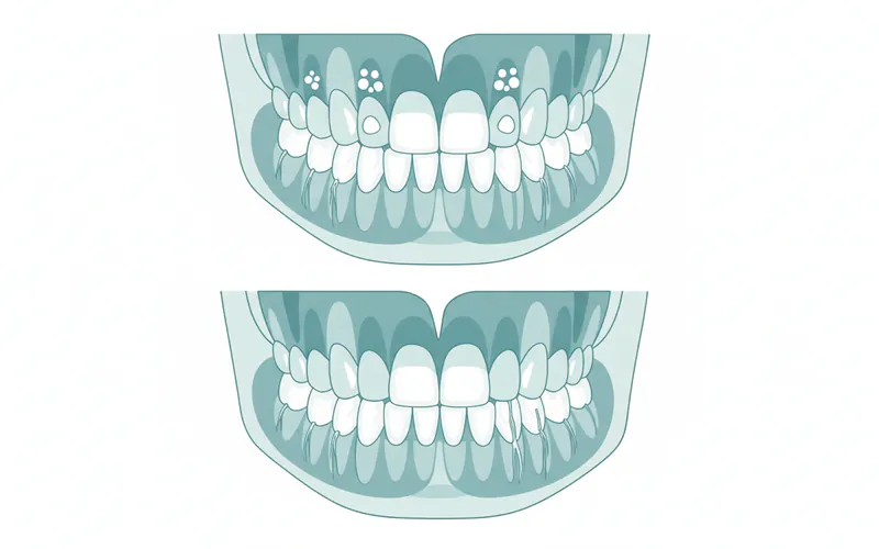 A two-panel diagram showing the typical eruption timeline and position of primary teeth (top panel) and permanent teeth (bottom panel) within the jaw, with age ranges indicated for each tooth group.