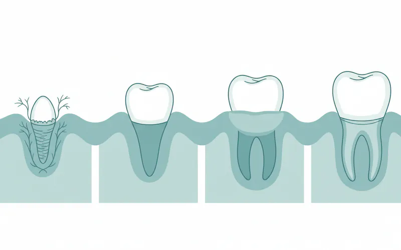 A series of illustrations showing the stages of tooth development and eruption, from a tooth germ within the jawbone, to the crown breaking through the gum, and finally the fully erupted tooth with its completed root structure.