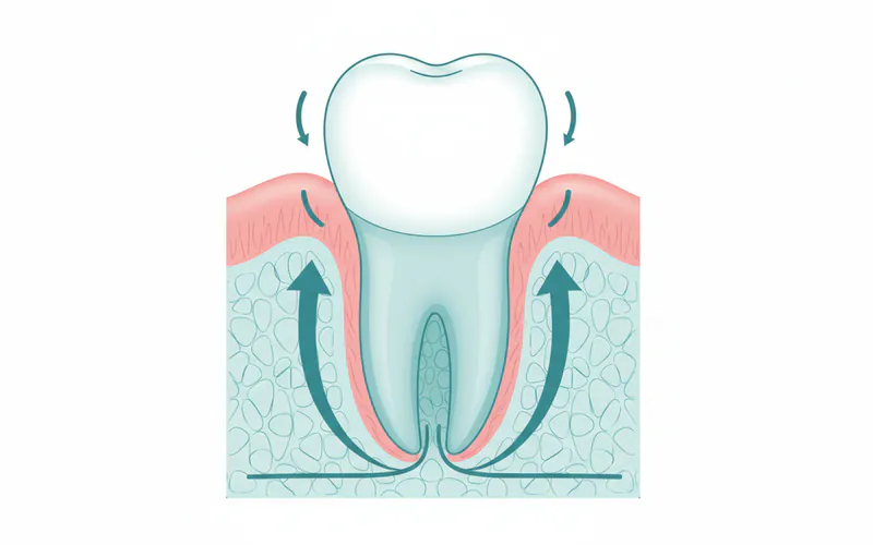 A cross-section diagram showing a tooth erupting through the jawbone and gum. It should clearly label the tooth crown, developing root, dental follicle, surrounding bone, and gum tissue, with arrows indicating the direction of eruption and bone remodeling.