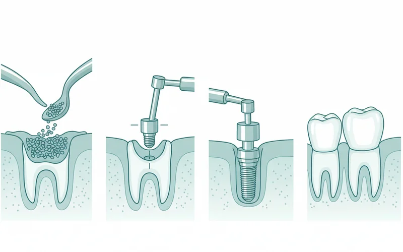 Detailed illustration of the dental implant placement process, showing bone grafting, implant insertion, abutment, and crown