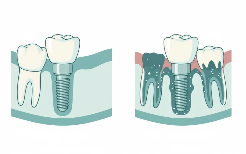 X-ray showing a successful dental implant vs. an implant with peri-implantitis (bone loss around it)