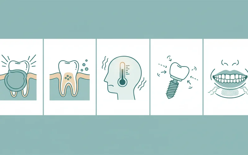 Diagram showing symptoms that require immediate dental attention: severe swelling, pus, fever, implant mobility, persistent numbness