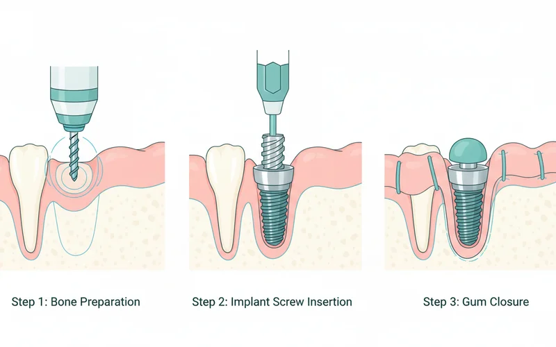 Step-by-step diagram showing implant placement: bone preparation, implant screw insertion, and gum closure.