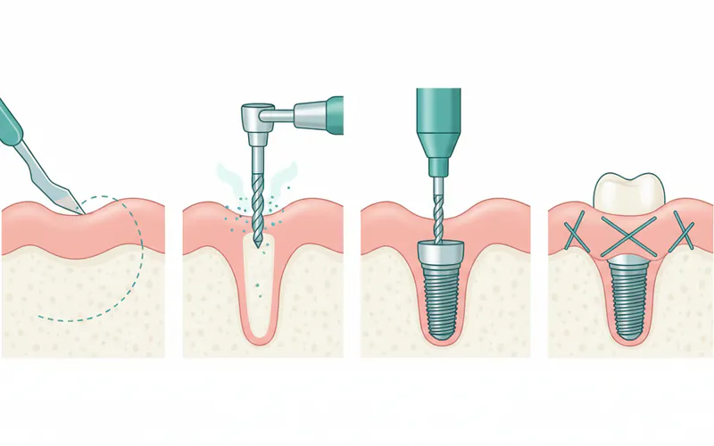 Step-by-step illustration showing the implant placement surgery: 1) incision, 2) drilling pilot hole, 3) implant insertion into bone, 4) gum sutured over implant.