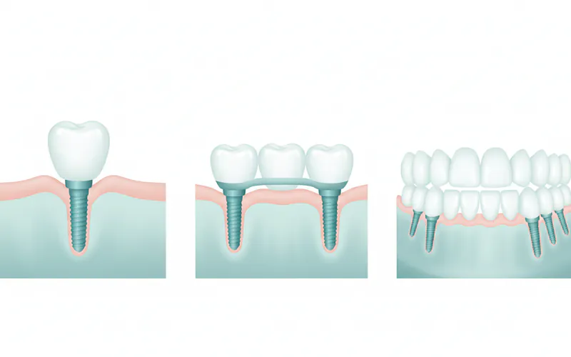 Visual comparison table showing a single implant, an implant-supported bridge, and an All-on-4 full arch restoration side-by-side.