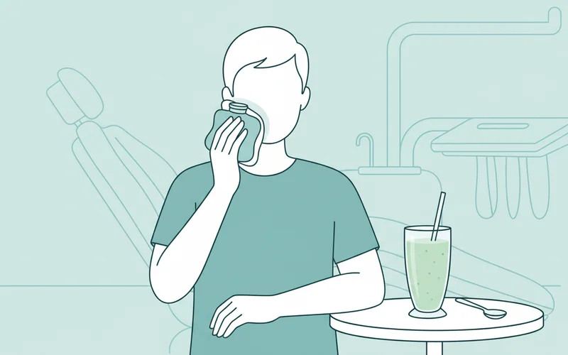 A patient gently applying an ice pack to their cheek after dental implant surgery, with a soft food smoothie next to them on a table.