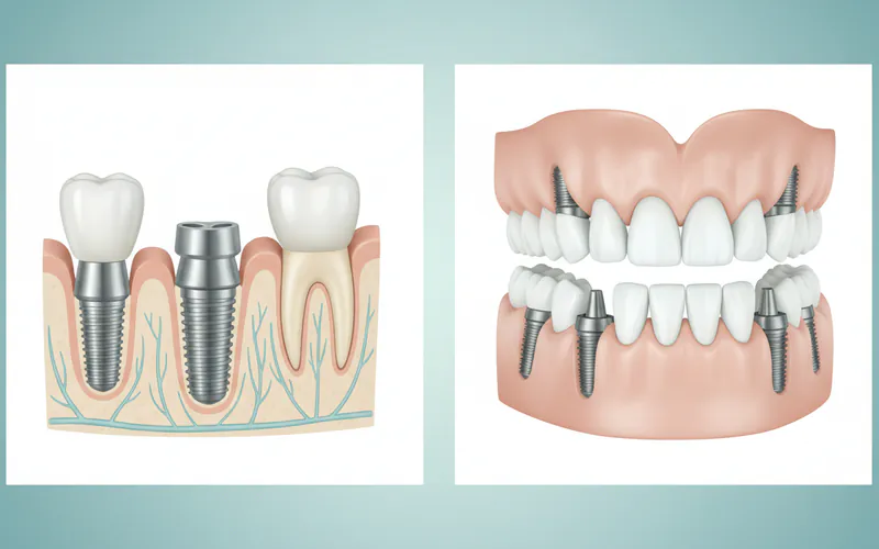 A comparative illustration showing: on one side, a single missing tooth replaced by one dental implant; on the other side, an entire arch of missing teeth replaced by a full arch fixed bridge supported by multiple implants (e.g., All-on-4 configuration).