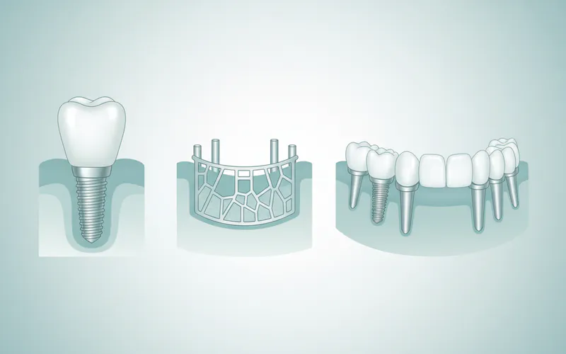 A diagram showing the three main types of tooth implants: (1) a single endosteal implant with crown, (2) a subperiosteal implant framework resting on bone, and (3) an All-on-4 configuration with angled posterior implants supporting a full arch.