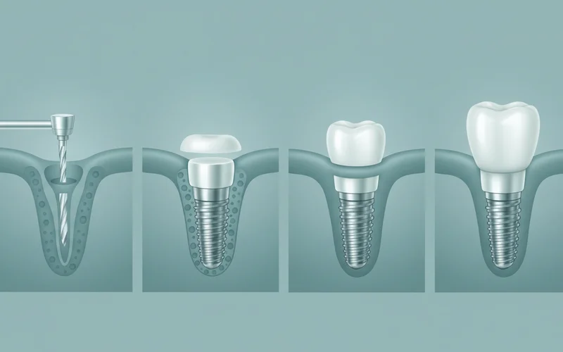 Detailed infographic showing the stages of a dental implant placement from initial bone integration to final crown attachment, illustrating the implant post, abutment, and crown in sequential order within the jawbone.