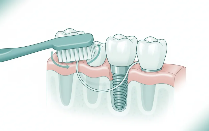 Illustration of proper brushing and flossing technique around a dental implant, showing how to clean the crown, abutment, and gum line effectively.