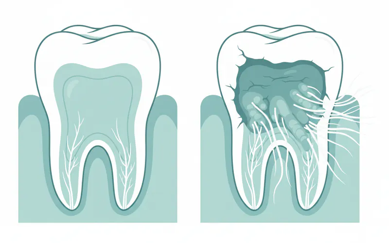 Cross-section of a tooth showing normal pulp vs. inflamed pulp with exposed nerve endings