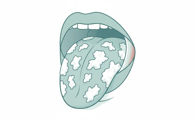 A close-up view of an adult's open mouth clearly showing creamy white, raised lesions on the tongue and inner cheek, characteristic of oral thrush. The surrounding tissue appears slightly reddened.