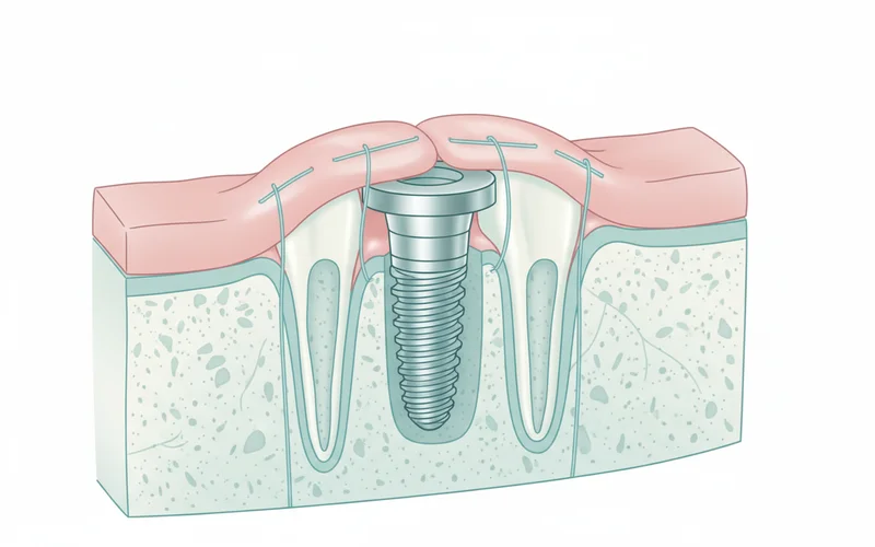 Detailed illustration of a dental implant being surgically placed into the jawbone, showing the titanium screw-shaped post, surrounding bone, and sutured gum tissue over the implant.