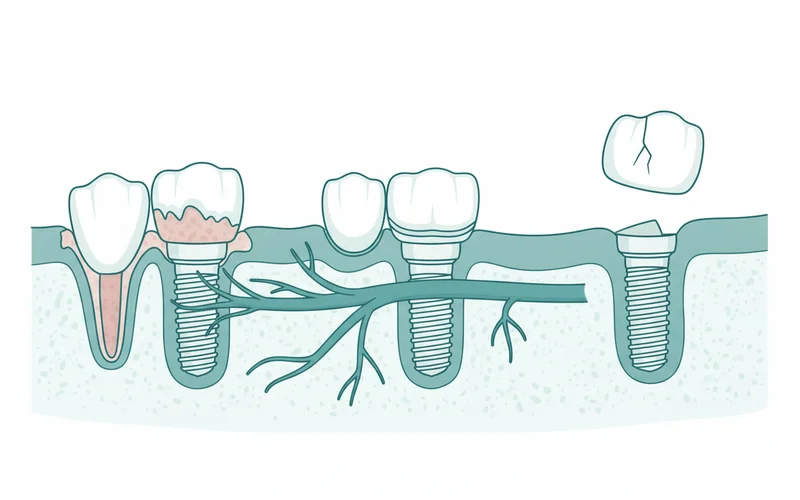 Medical illustration showing common dental implant complications such as peri-implantitis with bone loss around an implant, nerve damage indicated by proximity of implant to nerve, and a loose abutment.