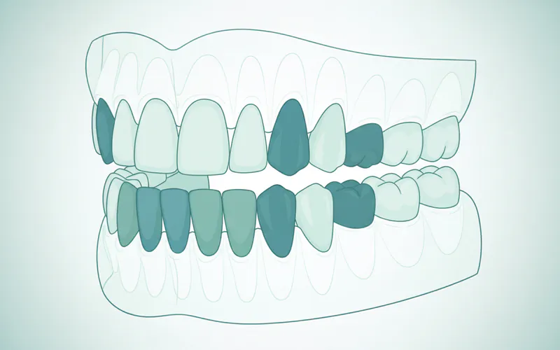 Detailed diagram showing all types of permanent teeth in an adult mouth, labeled clearly, highlighting incisors, canines, premolars, first molars, second molars, and wisdom teeth.