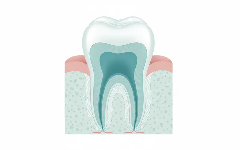 Diagram illustrating the cross-section of a tooth, labeling enamel, dentin, pulp chamber, root canal, cementum, periodontal ligament, alveolar bone, and gingiva.