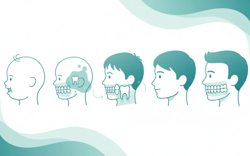Infographic showing a timeline of tooth development from infancy to adulthood, highlighting key eruption periods for primary and permanent teeth and potential issues like tooth eruption cyst at relevant ages.