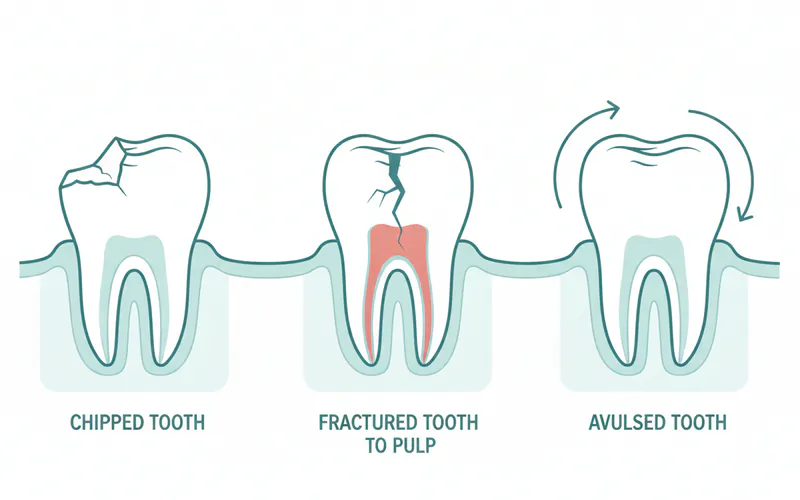 A diagram showing different types of dental trauma, including a chipped tooth, a fractured tooth extending to the pulp, and an avulsed tooth with arrows indicating the socket.