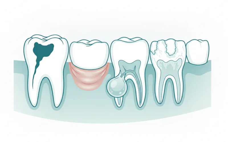 A detailed diagram illustrating different common dental problems, showing a cavity in a molar, inflamed gums from gingivitis, an abscess at the root tip, and eroded enamel on a front tooth.