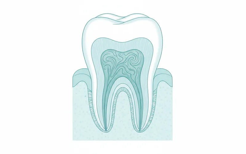 Detailed cross-section illustration of a human tooth showing enamel, dentin, pulp, cementum, periodontal ligament, gum, and jawbone