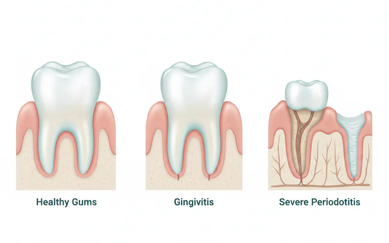 Visual representation showing the progression of gum disease from healthy gums to gingivitis and then severe periodontitis with bone loss