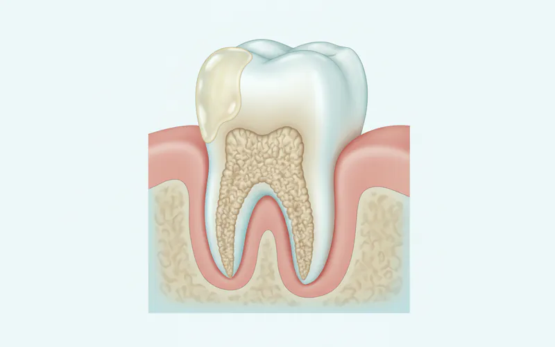 Detailed illustration showing plaque forming on a tooth surface, then calcifying into hard calculus, with gum inflammation visible around the calculus.