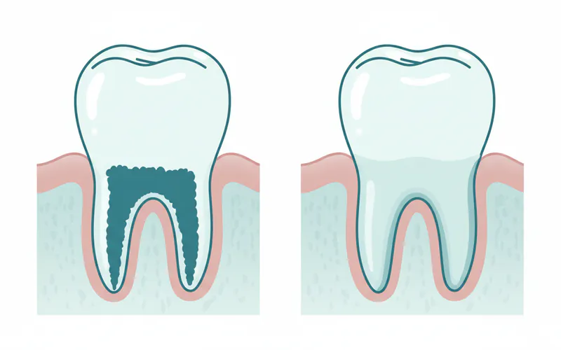 Side-by-side comparison illustrating a tooth with calculus buildup below the gum line, and another image showing the same tooth after scaling and root planing, with clean root surfaces and reattaching gum tissue.