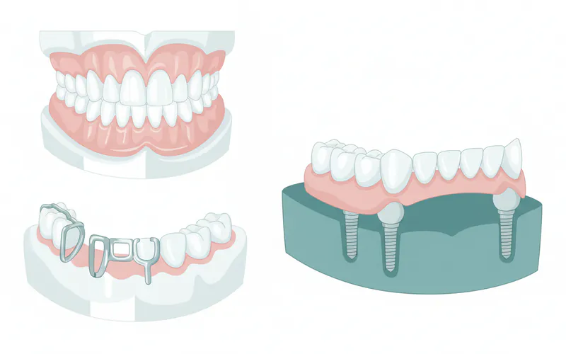A detailed diagram showing the different types of dentures: a full conventional denture for the upper arch, a removable partial denture (cast metal framework) for the lower arch, and a cross-section demonstrating an implant-supported overdenture.