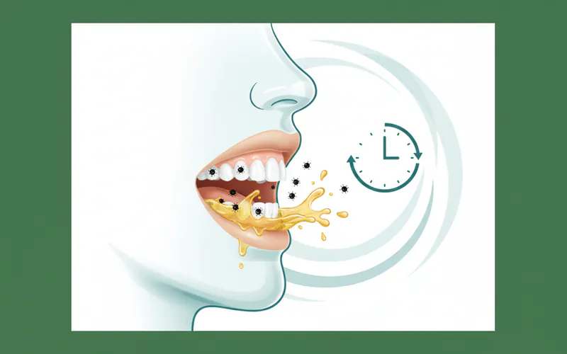 Illustration showing a person swishing oil in their mouth, with bacteria symbols moving from teeth into the oil, and a clock indicating 15-20 minutes.