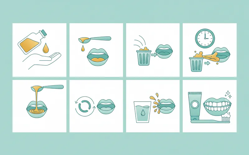 Infographic showing the 8 steps of oil pulling: 1. Choose oil, 2. Measure, 3. Put in mouth, 4. Swish gently, 5. Timer for 15-20 min, 6. Spit in trash, 7. Rinse, 8. Brush teeth.