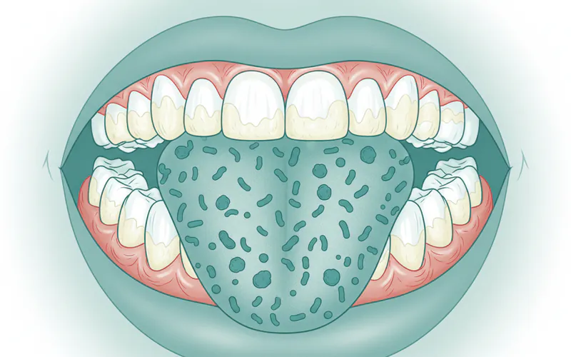 A cross-section diagram of a human mouth showing plaque buildup on teeth, bacteria on the tongue, and inflamed gums.