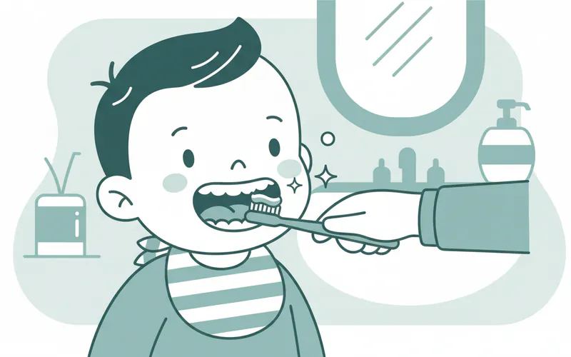 A cartoon illustration of a happy toddler getting their teeth brushed by a parent, emphasizing good oral hygiene for kids.