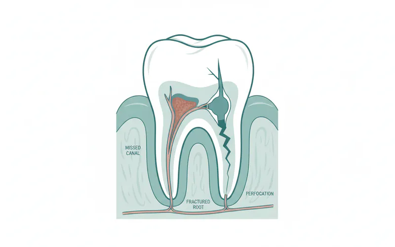 Medical illustration showing common root canal complications like a missed canal, a fractured root, or a perforation.