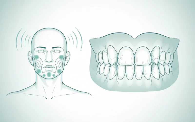 Illustration showing various symptoms of bruxism, including worn-down teeth, jaw pain points (highlighted on a face), and a headache radiating from the temples.