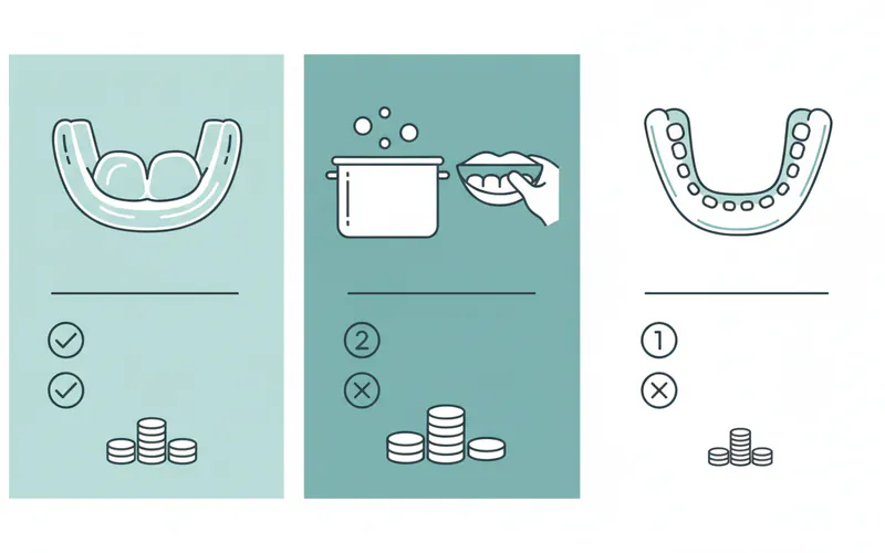Comparison table or infographic showing different types of mouthguards (custom, boil-and-bite, stock) with their pros, cons, and typical cost ranges.
