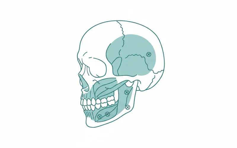 A simplified diagram showing the masseter and temporalis muscles, with small "X" marks indicating common injection points for Botox treatment for bruxism.